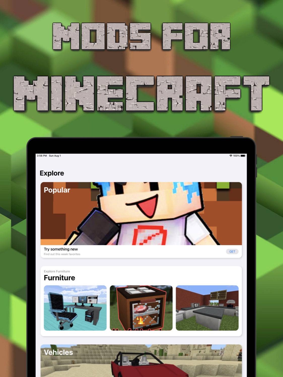 World of Mods on iPad — Explore screen with mods, furniture and vehicles for Minecraft PE