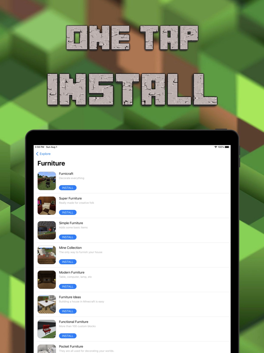 World of Mods on iPad — one-tap install from the furniture list in Minecraft PE